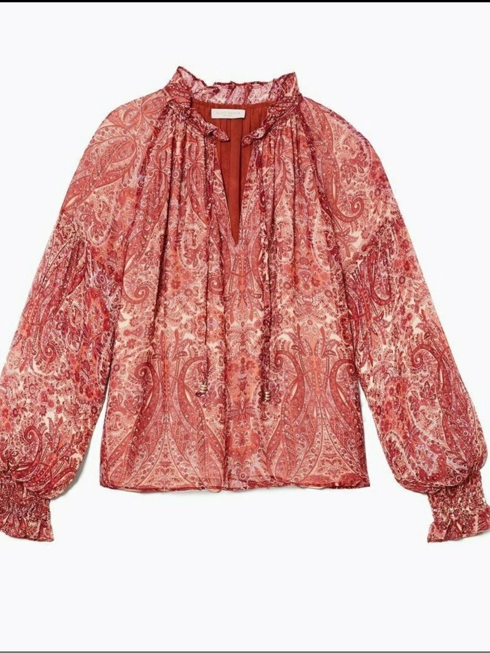 Ramy Brook Red Paisley Ruffled Split-Neck Blouse